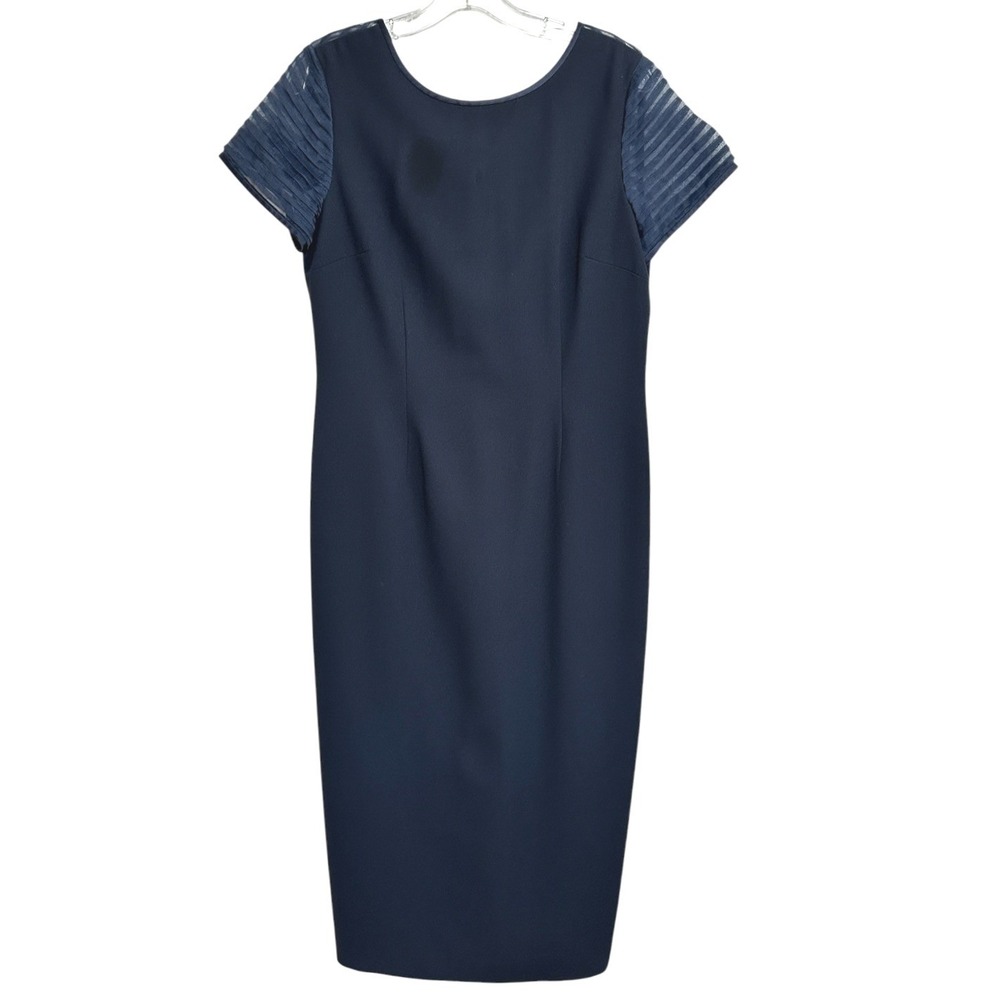 VTG Talbots Sheath Dress Women Navy Blue Silk Trim Pleated‎ Sleeve Timeless 10P